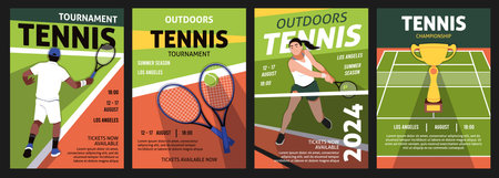 Tennis cards. Invitation posters, sports tournaments and competitions, championship announcements, players in uniform, banner with copy space. Cartoon flat isolated tidy vector setのイラスト素材
