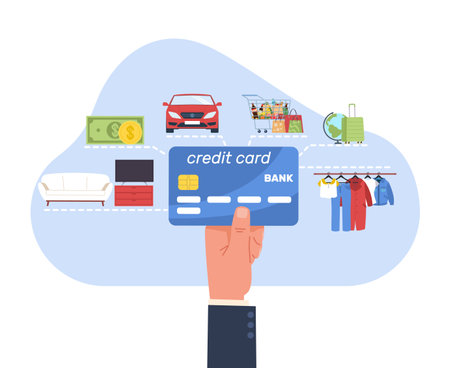 Hand holds credit card with ability to make payments for cars and clothes. Customer paying for travel. Buy furniture and food products. Loan for purchases. Cash money. Vector conceptのイラスト素材