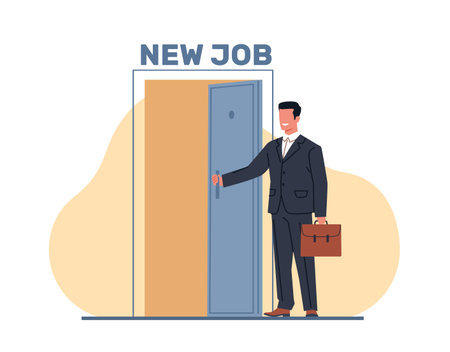Man in suit opens door to new job. Successful businessman in suit with briefcase. Career opportunities. Employee development. Cartoon flat style illustration. Vector beginning startup conceptのイラスト素材