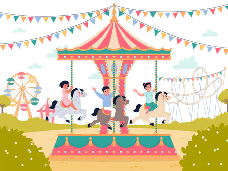 Happy kids on carousel. Smiling children in amusement park, boys and girls ride in circle on horses, merry go round, childish entertainment, cartoon flat isolated splendid vector conceptのイラスト素材