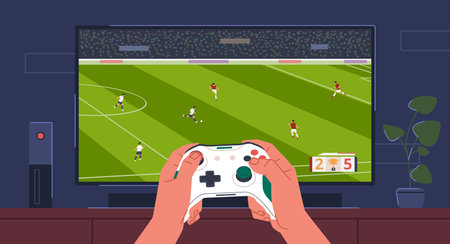 Gamer hands with console controller. Hands holding joystick, man is playing football simulator, guy front of screen, sport videogame, cartoon flat style isolated nowaday vector conceptのイラスト素材