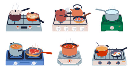 Food on stove. Portable gas hobs with kitchen utensils, dishes cooking process, propane burner with pots, pans and kettles, preparing dinner cartoon flat style isolated nowaday vector setのイラスト素材