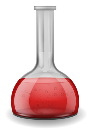 Chemical laboratory glassware. Red liquid in glass flask. Lab equipment, scientific chemistry tools. Test container or tube. Measuring bottle. Realistic isolated element. 3D vector illustrationのイラスト素材