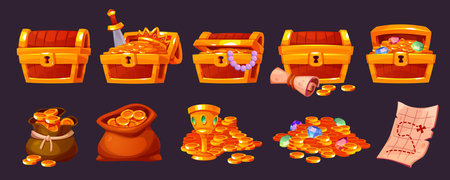 Cartoon pirate treasures. Wooden chests full of gold coins, adventure game icons, gems, cups and old cards, bags of money. Fantasy ancient jewelry trunk, games elements, tidy vector gui setのイラスト素材