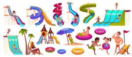 Aqua park visitors. Extreme waterpark attractions, family entertainment, colored plastic slides, lifeguard and happy people, swimming children cartoon flat style isolated tidy vector setのイラスト素材