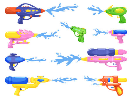 Toy water weapons. Plastic pistols and gun with shooting jets of liquid, kids color game equipment, thai songkran festival symbol, watergun for kids cartoon flat style isolated vector setのイラスト素材