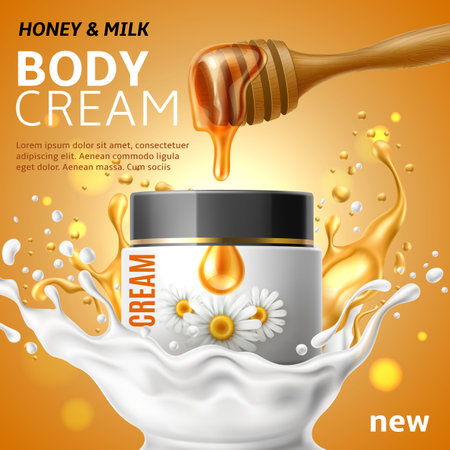 Honey and milk cream. Cosmetic advertising promo poster. White jar with chamomile on label. Lotion and oil liquid splashes, face and body care, realistic promotional banner. Vector conceptのイラスト素材