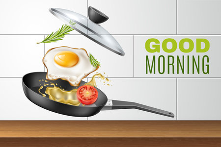 Cooking scrambled eggs. Frying pan with lid. Splashes of oil and tomato, flying morning food. Healthy breakfast. Realistic isolated elements, ingredients on home kitchen vector conceptのイラスト素材