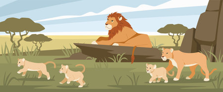 Lion family in savannah. Cubs and lioness resting, wild animals pride, feline family strong predators, king of beasts, Africa panorama cartoon flat isolated illustration, tidy vector conceptのイラスト素材
