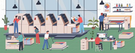 Print house workers. Production process printed products, people in copy center, typography machines and equipment, scanner and copier cartoon flat style isolated nowaday vector conceptのイラスト素材