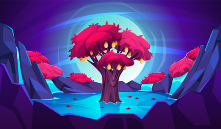 Magic tree landscape. Nature night background, fairytale plant, fantasy night forest, sacred tree with fruits, game design, Mystical alien cartoon flat isolated illustration, tidy vector conceptのイラスト素材