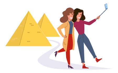 People make selfie. Happy friends taking photo on vacation. Memories in travel. Women standing near Egyptian pyramids. Tourists in historical place. Cartoon flat isolated vector illustrationのイラスト素材