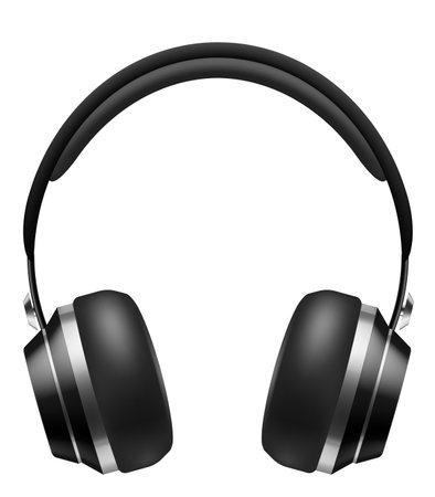 Music earphones. Realistic black headphones front view, isolated on white background. Personal musical accessory. Wireless mobile big earbuds. Audio entertainment gadget. Vector illustrationのイラスト素材