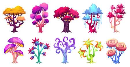 Magic trees. Fantasy cartoon forest, fairytale plants isolated on white background, colorful strange flora, fantastic woods, game ui design elements, colorful luminous leaves, tidy vector setのイラスト素材