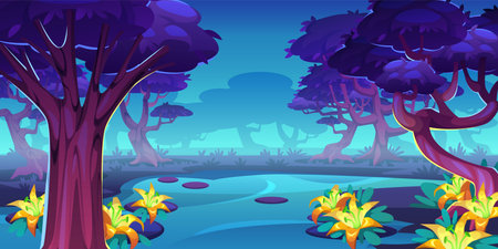 Magic trees background. Ui game location design, fantasy forest landscape, fairytale trees, strange beautiful flora. Mystical alien panorama. Dangerous woodland. Tidy vector cartoon conceptのイラスト素材