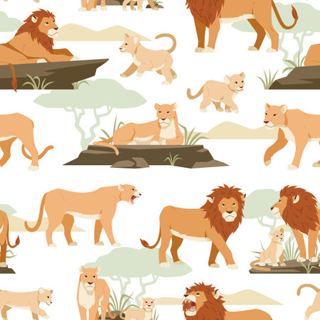 Lions seamless pattern. Jungle animals relax in savannah, lionesses, cubs, feline family, large predator, wild fauna. Decor textile, wrapping paper. Print for fabric tidy vector backgroundのイラスト素材