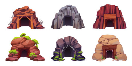 Cave entrances. Mountain doors in mines, mineral extraction, holes in stones, cliffs and hills. Abandoned caverns with moss and cobwebs, landscape cartoon isolated tidy vector tunnels setのイラスト素材