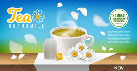 Chamomile tea poster. Herbal beverage advertising banner design. Realistic 3d meadow daisy flower, cup with hot drink and teabag on table. Aromatic fresh medical herb. Vector conceptのイラスト素材