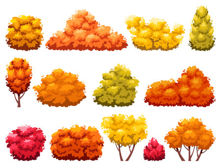 Cartoon autumn bushes. Garden yellow orange and red plants, fading hedge, change of season, deciduous garden trees, withered decorative shrub, park plants, landscape isolated vector setのイラスト素材
