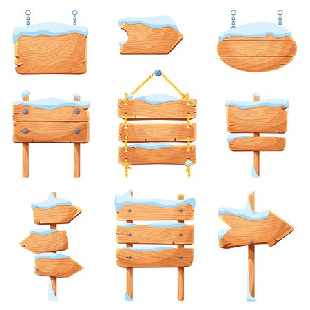Cartoon snow covered wooden sign boards. Winter empty banners, ui game elements, hanging and standing frames with snowdrifts, isolated blank signboards with icicles, frozen billboards vector setのイラスト素材