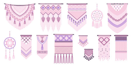 Braided boho decorations. Macrame wall hanging, woven interior elements, cozy modern room, knitted ropes, home accessories, dream catcher. Cartoon flat style isolated tidy vector setのイラスト素材