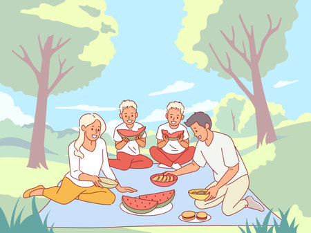 Family on picnic. Outdoor activities, parents with children, twin boys eating watermelon, eating in nature, lunch in forest, summer vacation cartoon flat style isolated vector conceptのイラスト素材