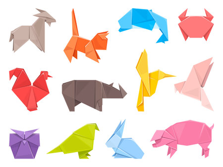Paper origami animals and birds. Folded colored sheets, fauna decorative shapes, low polygonal toys simple design, japanese hobby and art, pig, cat and crab, cartoon flat isolated vector setのイラスト素材