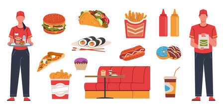 Fast food restaurant. Bistro workers in uniform with tray and bag in hands, tacos, donuts, french fries and burger, pizza and asian meal, french fries and drink nowaday vector cartoon flat setのイラスト素材