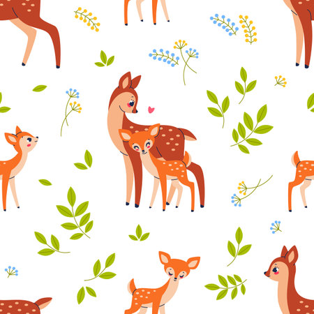 Cute mom and baby deers seamless pattern. Cartoon forest animals, fawn with mother, love, motherhood, happy family. Decor textile, wrapping paper, wallpaper design. Vector backgroundのイラスト素材