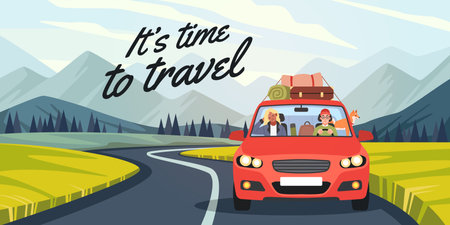 Happy couple with pet driving in car. Family and dog going to nature, people traveling by private transport, front view. Banner or card design. Cartoon flat isolated tidy vector conceptのイラスト素材