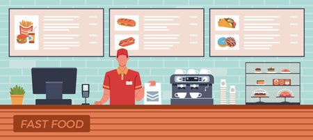 Fast food cash register worker. Cashier in uniform holds paper bag with order, wall mounted display boards with menu, takeaway meal, cartoon flat style isolated nowaday vector conceptのイラスト素材