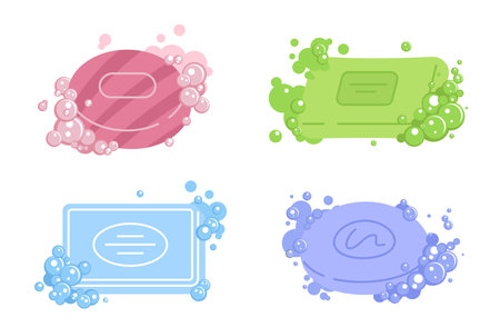 Cartoon slump soap with bubbles. Flat mini compositions with detergent, body hygiene and beauty cosmetic products, washing and cleaning, foam bath, antibacterial dirt clean nowaday vector setのイラスト素材