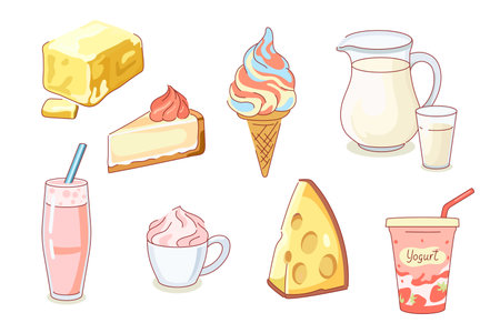 Dairy products. Farmers natural food, butter, natural milk, bio yogurt and ice cream, desserts and cheese, flat style, organic homemade meal, isolated elements. Fresh organic meal, vector setのイラスト素材