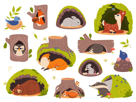 Animals in holes and burrows. Cartoon forest creatures inside hollows and nests, woodland fauna in their homes, sleeping bear in den, bird, funny squirrel and hare, vector isolated setのイラスト素材