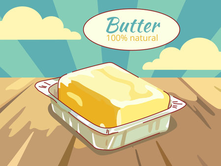 Butter advertising poster. Dairy product for cooking and spreading on bread, creamy delicate taste, milk healthy product, ad banner. Vector cartoon flat isolated vector conceptのイラスト素材