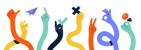 Comic flexible hands. Long color arms, curved limbs holding different elements, various finger gestures, signs and symbols. Thumb finger up and ok. Tidy vector cartoon flat isolated setのイラスト素材
