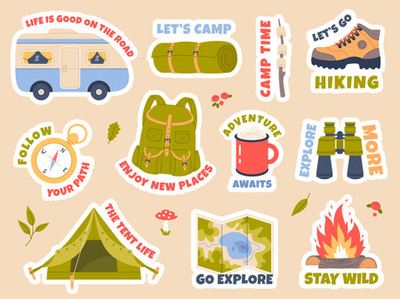 Cute camping stickers. Inspirational quotes and hiking elements, nature adventure items, touristic backpack, tent and campfire, forest adventures, leisure time vector cartoon flat isolated setのイラスト素材
