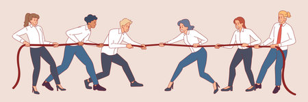 Business people tug of war. Opposing office teams, men, women in formal clothes pull rope, competitive fight, confrontation or teamwork game, cartoon flat style isolated vector conceptのイラスト素材