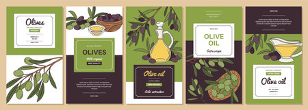 Olive products. Natural food, black and green, extravergine olive oil, glass bottles, containers, twigs with leaves, product packaging design, label with copy space, tidy vector banners setのイラスト素材