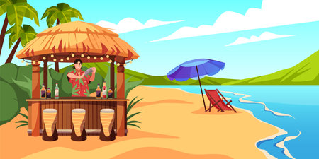 Tropical bar on beach. Bartender makes cocktails by sea, summer refreshing drinks, palm trees and sand, exotic tastes, exotic resort, cartoon flat style isolated tidy vector conceptのイラスト素材