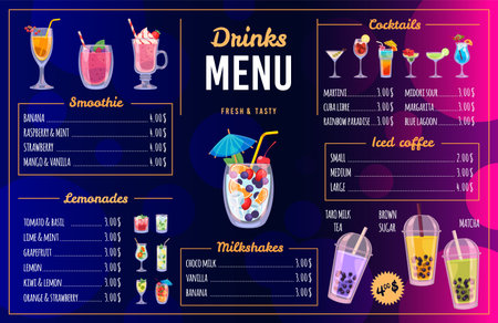 Beach bar menu design. Summer tropical cold drinks assortment, fruits and berries cocktails, tasty fresh beverages, bubble tea and matcha, typography design for cafe, tidy vector conceptのイラスト素材