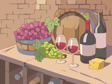 Wine composition. Fragment of wine cellar, noble alcohol from the vine, bottles and glasses with red drink, wooden oak barrel, menu design, vintage retro cartoon flat isolated vector conceptのイラスト素材