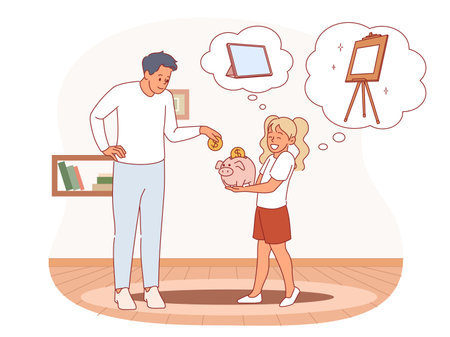 Girl saves money. Dad helps daughter collect coins, parent puts cent in piggy bank, kids pocket expenses, financial literacy, cartoon flat isolated vector commercial education conceptのイラスト素材
