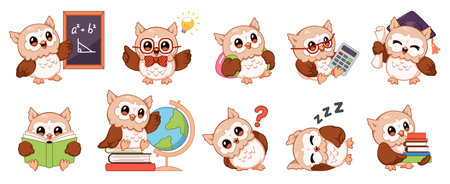 Funny owl characters. Cute wise bird with books, kids mascot, knowledge, wisdom and education symbol, cartoon professor filin, different actions study and read. Back to school, tidy vector setのイラスト素材