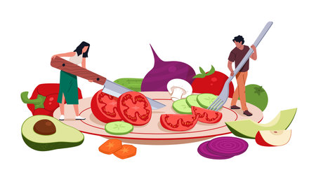 Tiny people with big fork and knife. Man and woman cutting vegetables, salad preparation, sliced tomatoes, cucumbers, avocado and pepper, chopped healthy food cartoon flat nowaday vector conceptのイラスト素材