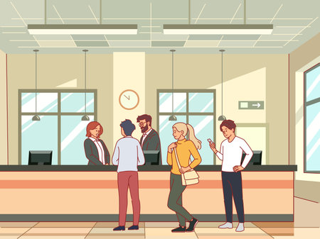 Queue at bank. Business interior with office workers, clients standing in row, people waiting for their turn, financial investments service, cartoon flat style isolated vector conceptのイラスト素材