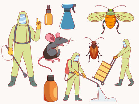 Pest control. Extermination of rodents and insects, people in special suits with sprinklers, poisons and chemicals, professional disinfectors, cartoon flat style isolated vector setのイラスト素材