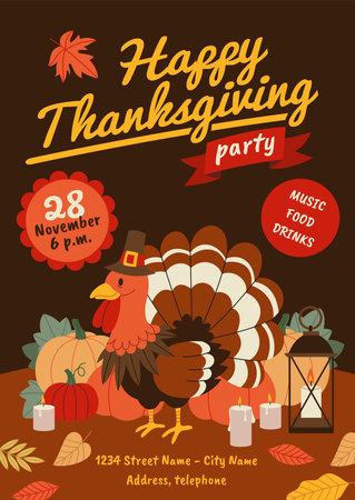 Thanksgiving day poster. Happy family dinner invitation, turkey in pilgrims hat, harvest festival, autumn celebrate, holiday party celebration, cartoon flat isolated illustration, tidy vector conceptのイラスト素材