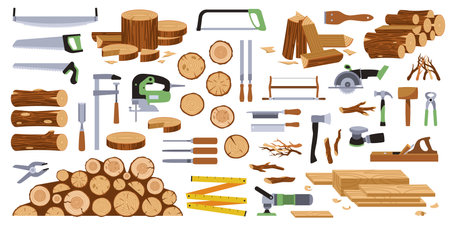 Cartoon carpentry tools and wooden materials. Trees trunks, planks and logs, jigsaws, saws, planes and grinders, timber raw, nature forest construction, isolated on white tidy vector setのイラスト素材