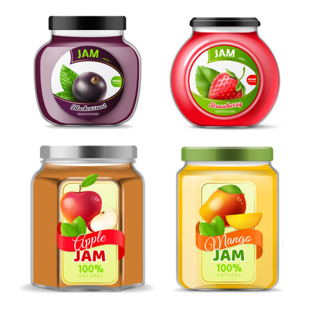 Jams jars. Realistic berry sweet canned food in glass bottles different forms. Various flavor blackcurrant, strawberry, apple and mango. Dessert product package design. Vector isolated setのイラスト素材